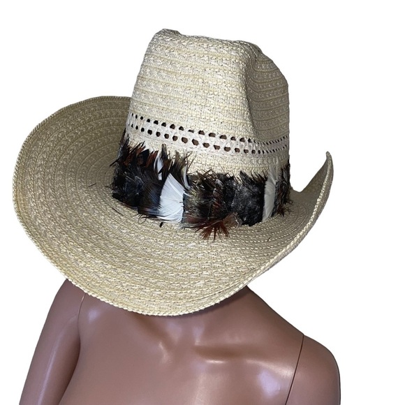 Western straw hat with bird feather brimmed cowgirl hat western wear cowgirl - Picture 2 of 6